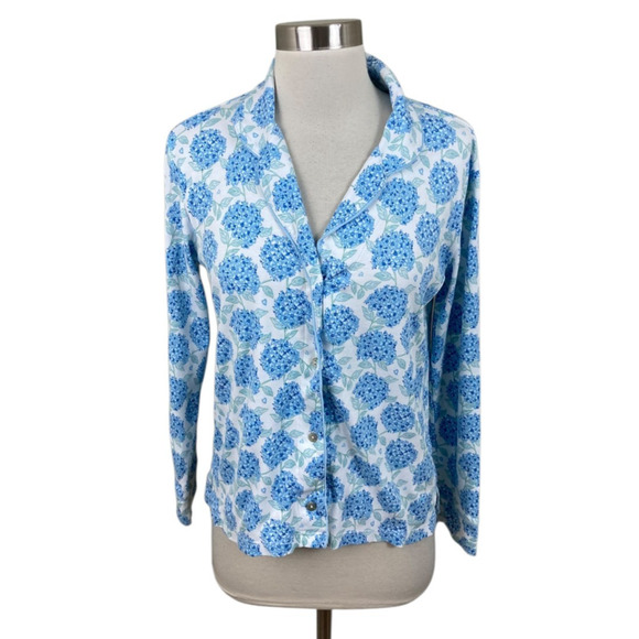 Erica Wilson Nantucket Hydrangea Floral Blue Pajama Top Size XS Coastal - Picture 1 of 4